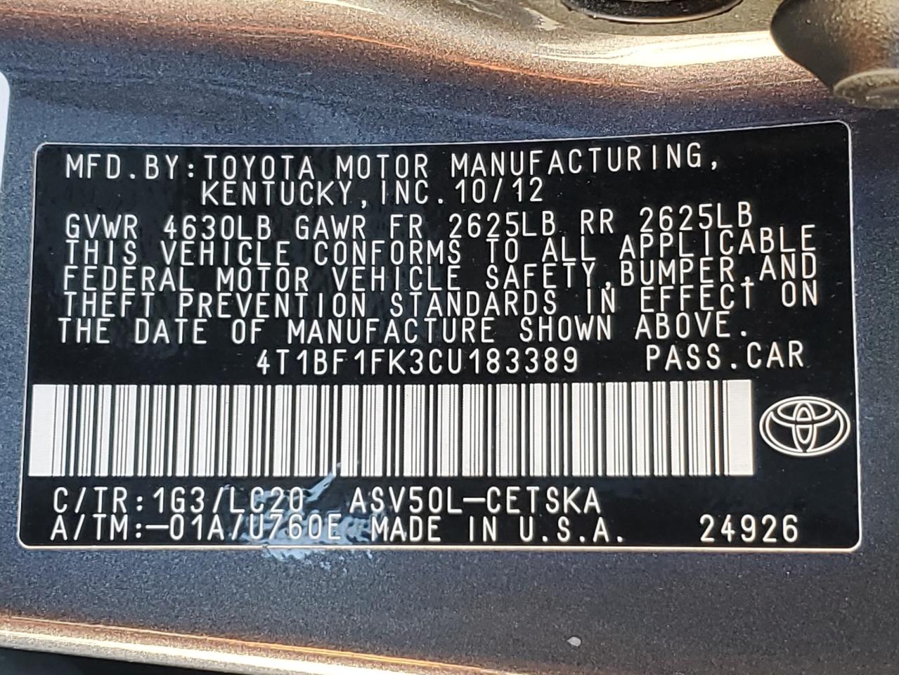 Lot #3029504400 2012 TOYOTA CAMRY BASE