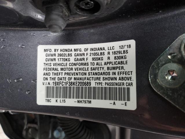 VIN 19XFC1F38KE200689 2019 HONDA CIVIC no.12