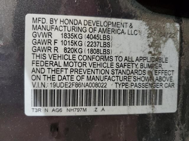 VIN 19UDE2F86NA008022 2022 ACURA ILX no.12