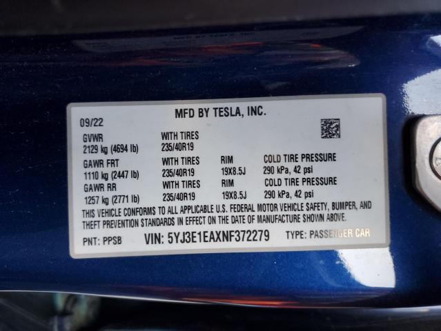 VIN 5YJ3E1EAXNF372279 2022 TESLA MODEL 3 no.12