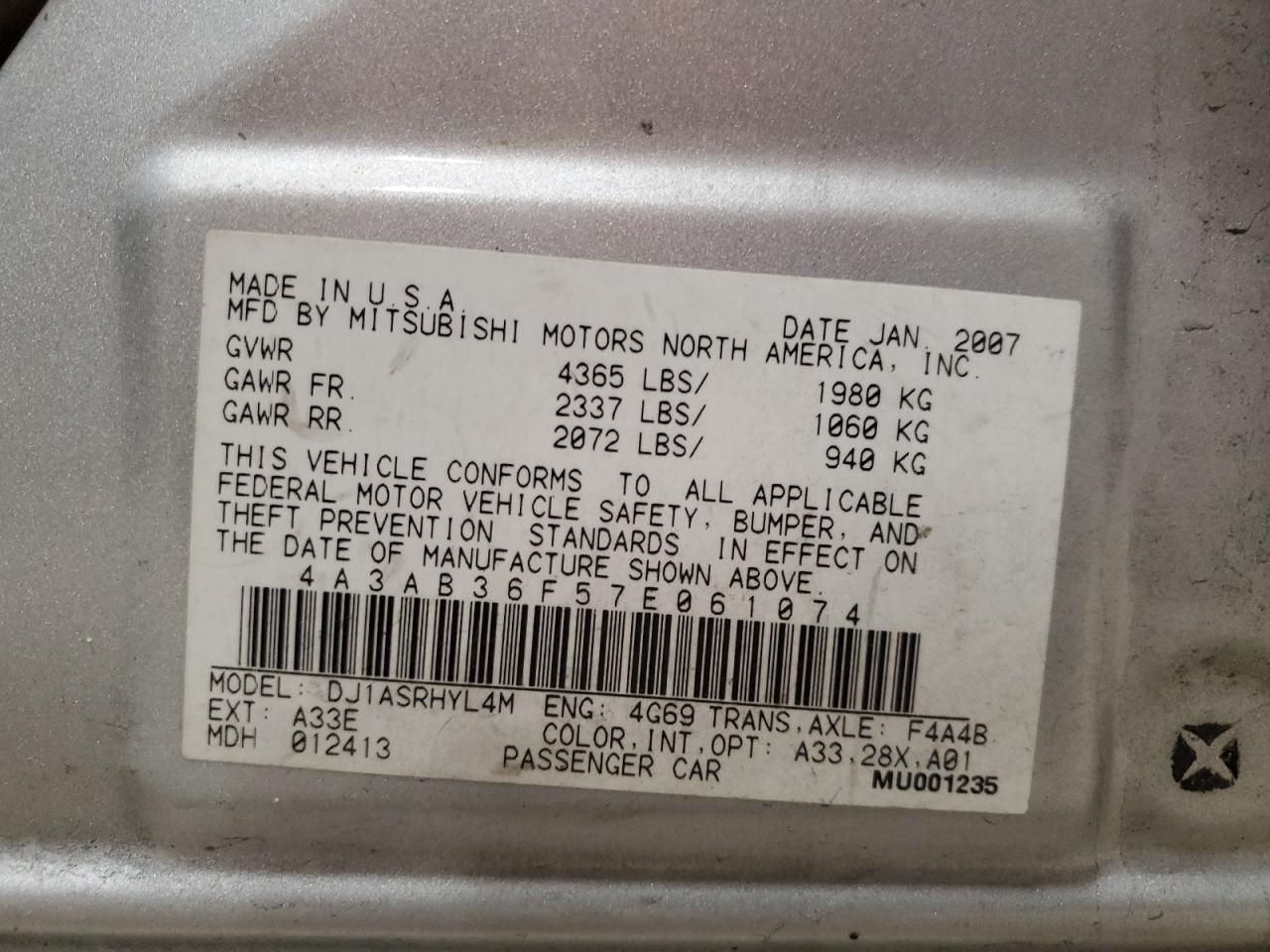 Lot #3052636307 2007 MITSUBISHI GALANT ES