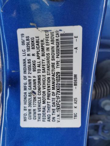 2019 HONDA CIVIC EXL - 19XFC1F7XKE010329