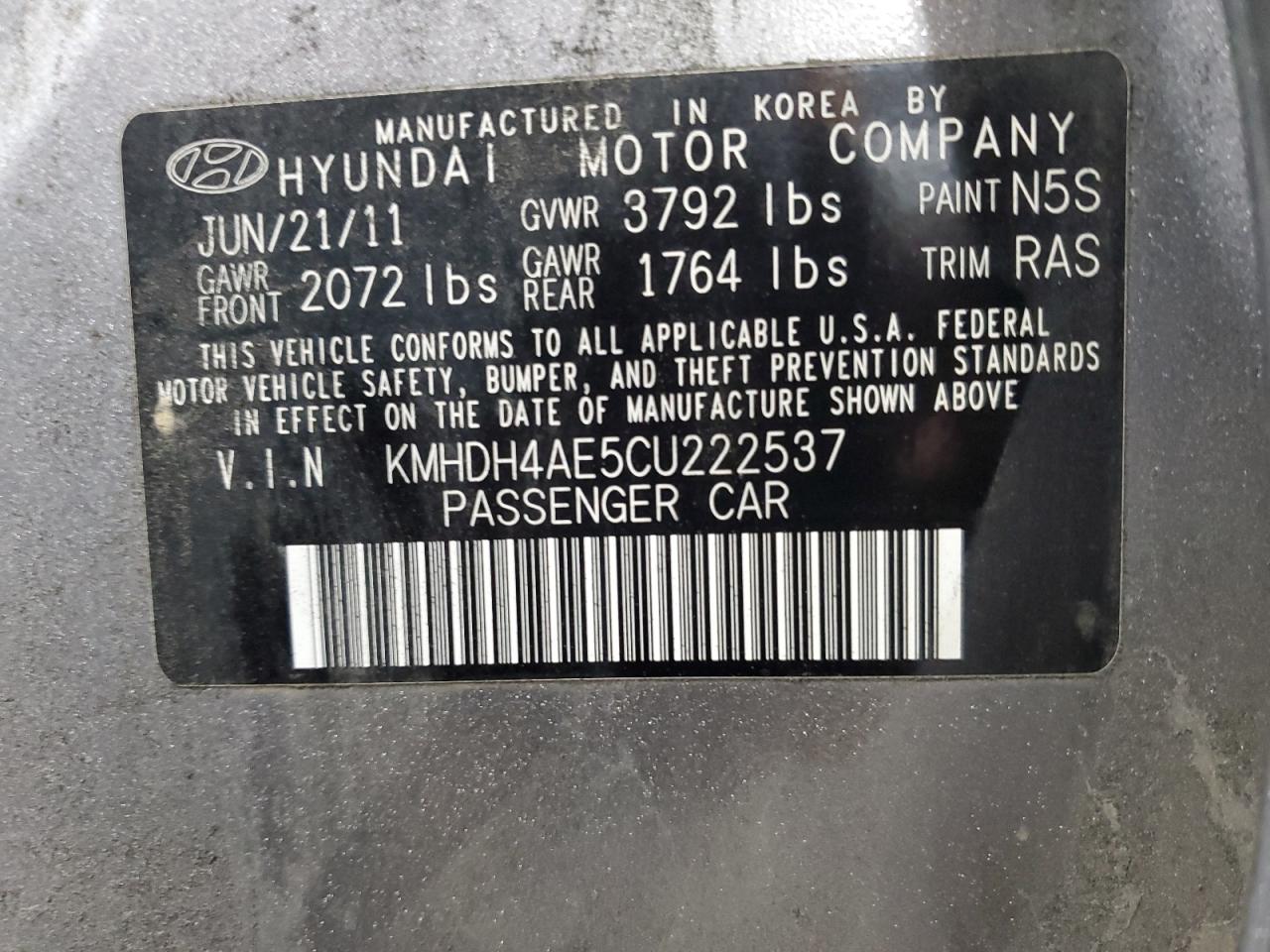 Lot #3037884295 2012 HYUNDAI ELANTRA GL