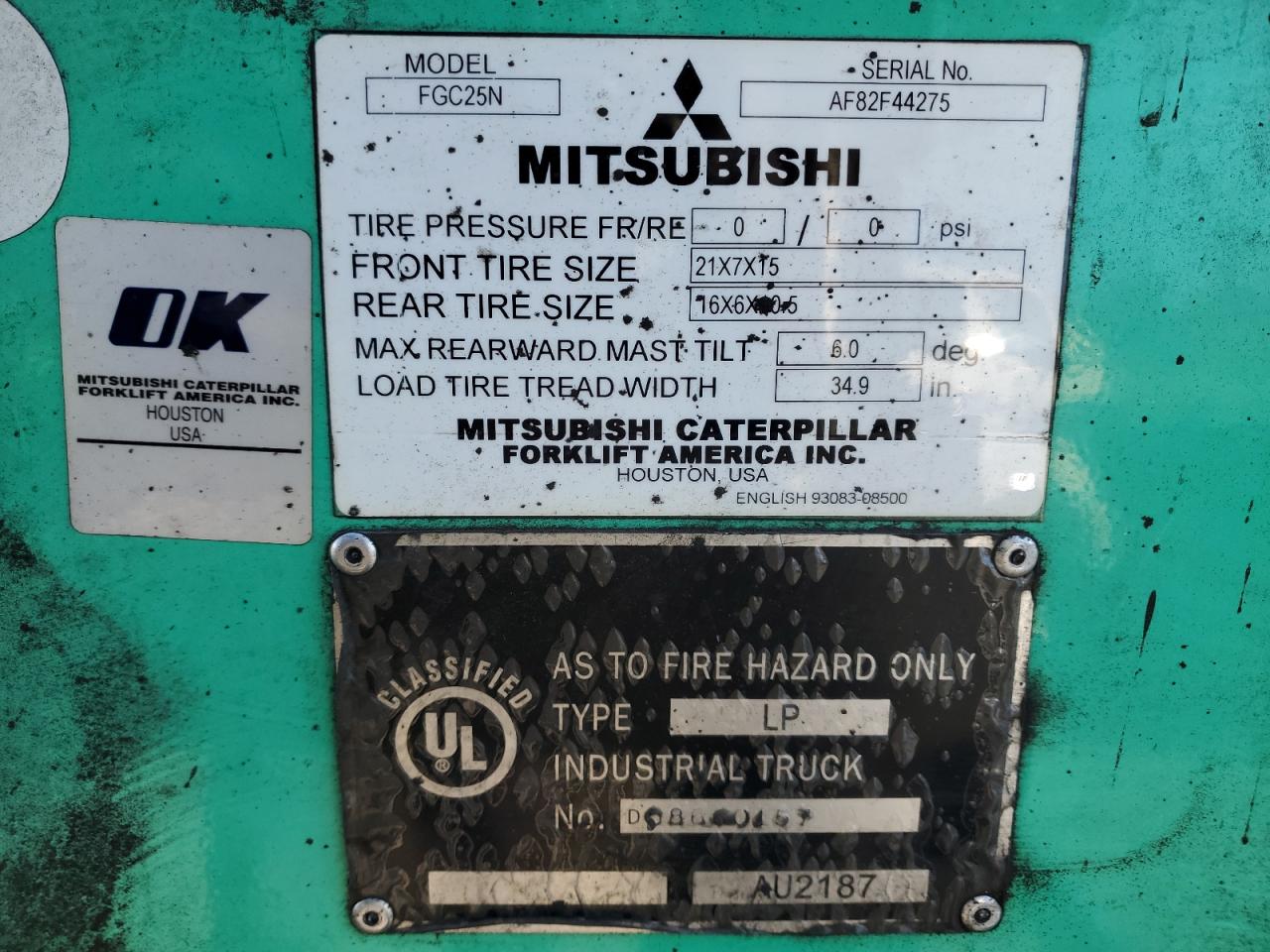 Lot #3034423716 2017 MITSUBISHI FORKLIFT