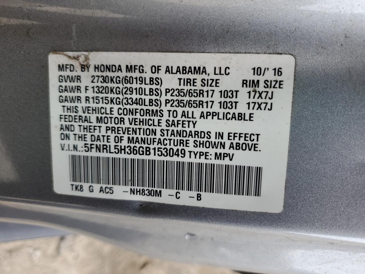 Lot #3025709301 2016 HONDA ODYSSEY SE