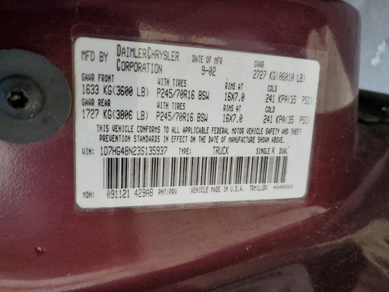 Lot #3033299817 2003 DODGE DAKOTA QUA