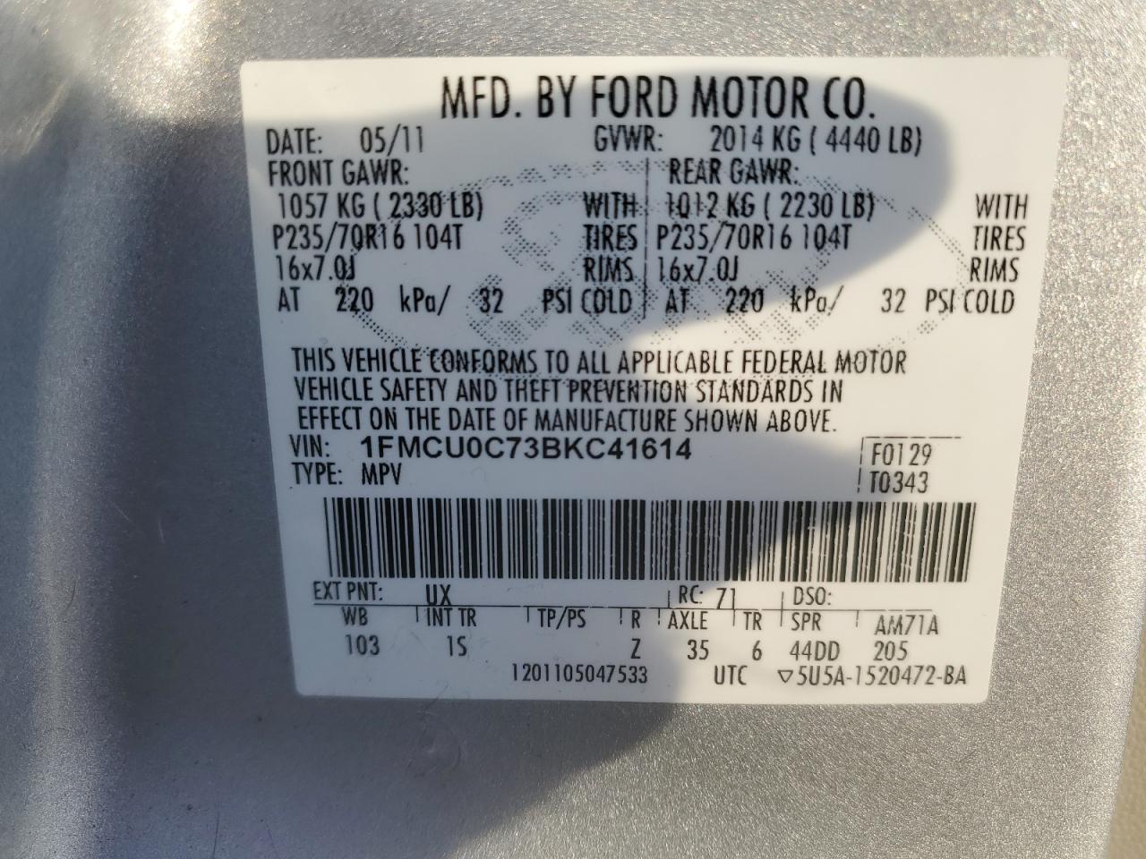 Lot #3029546074 2011 FORD ESCAPE XLS