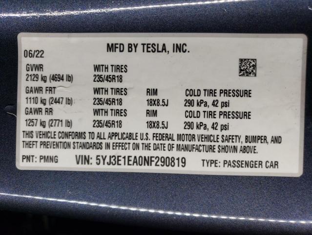 VIN 5YJ3E1EA0NF290819 2022 TESLA MODEL 3 no.12