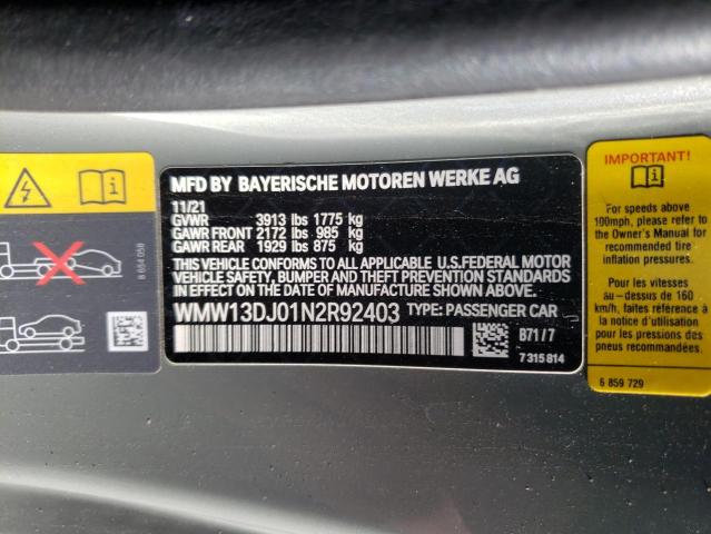 2022 MINI COOPER SE WMW13DJ01N2R92403