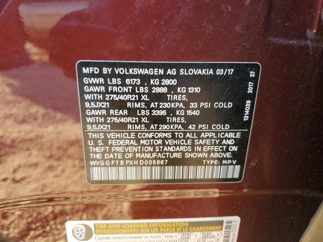 2017 VOLKSWAGEN TOUAREG EX WVGGF7BPXHD005867