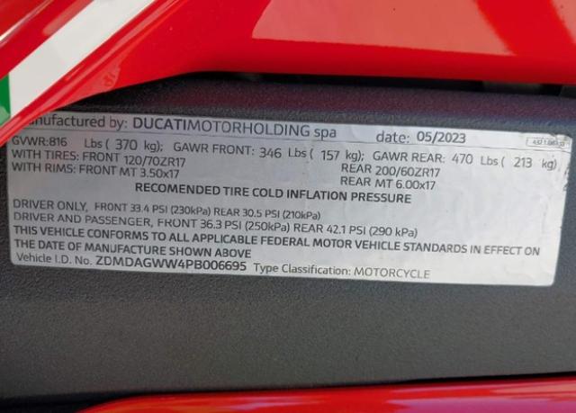 2023 DUCATI PANIGALE V ZDMDAGWW4PB006695