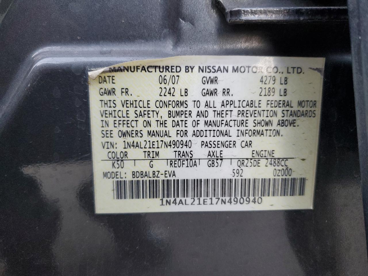 Lot #3037835261 2007 NISSAN ALTIMA 2.5