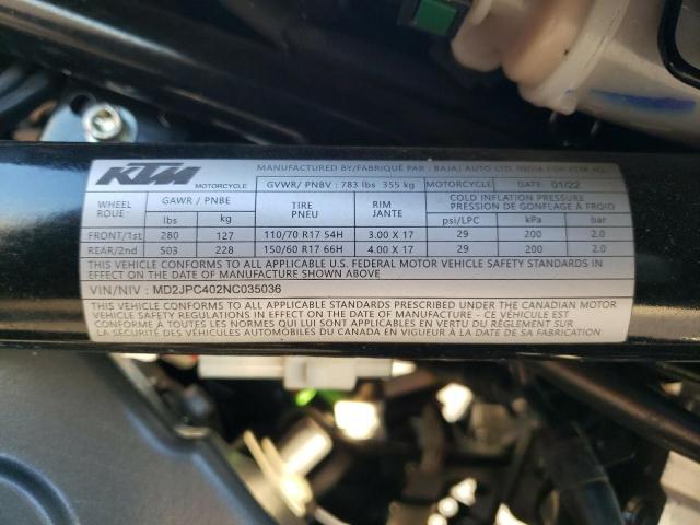 2022 KTM 200 DUKE MD2JPC402NC035036