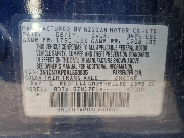 VIN 3N1CN7AP0KL850805 2019 NISSAN VERSA no.13