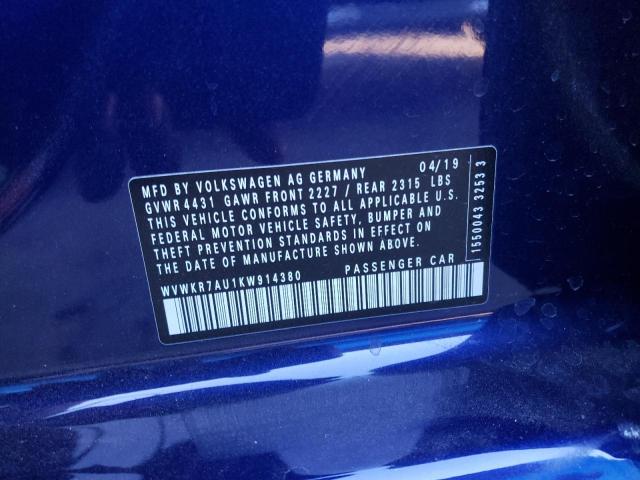 2019 VOLKSWAGEN E-GOLF SE - WVWKR7AU1KW914380