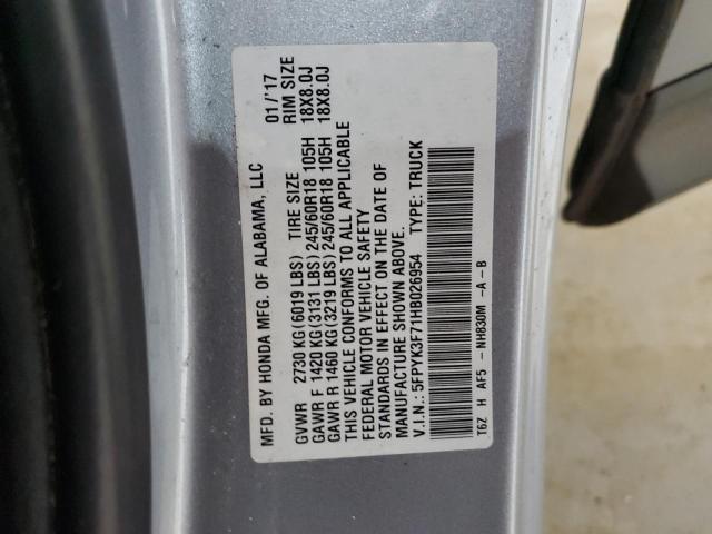 2017 HONDA RIDGELINE RTL 5FPYK3F71HB026954