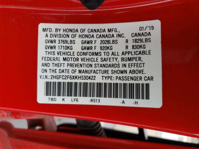 2019 HONDA CIVIC LX - 2HGFC2F6XKH530422
