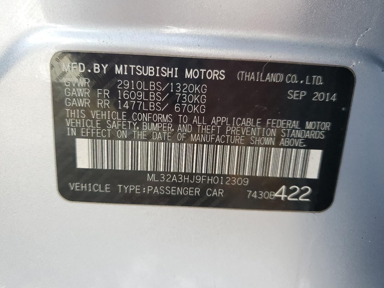 Lot #3034427757 2015 MITSUBISHI MIRAGE DE