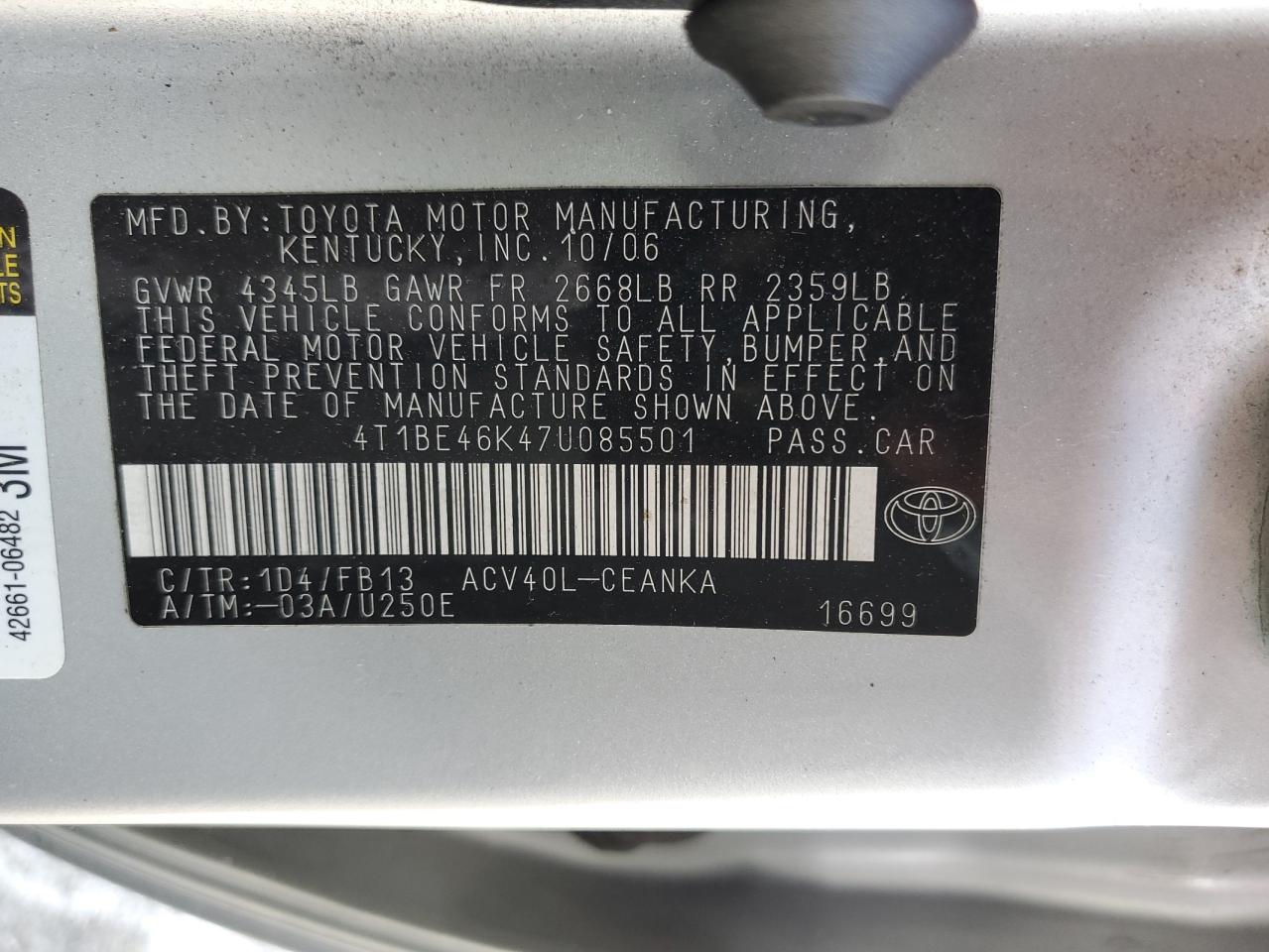 Lot #3033082034 2007 TOYOTA CAMRY CE