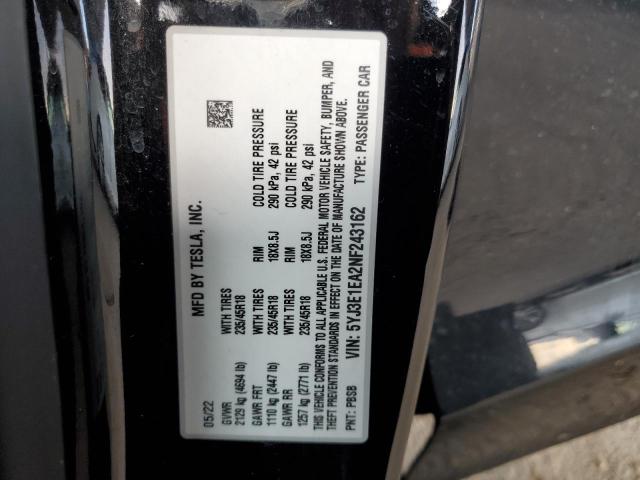 2022 TESLA MODEL 3 - 5YJ3E1EA2NF243162