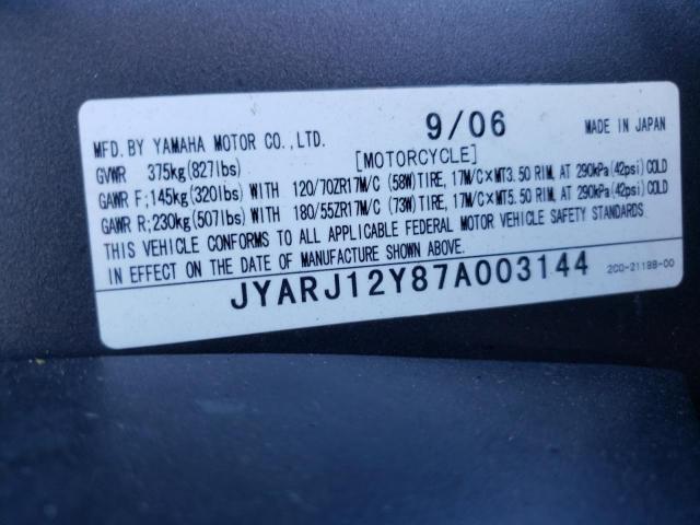 2007 YAMAHA YZFR6 L JYARJ12Y87A003144