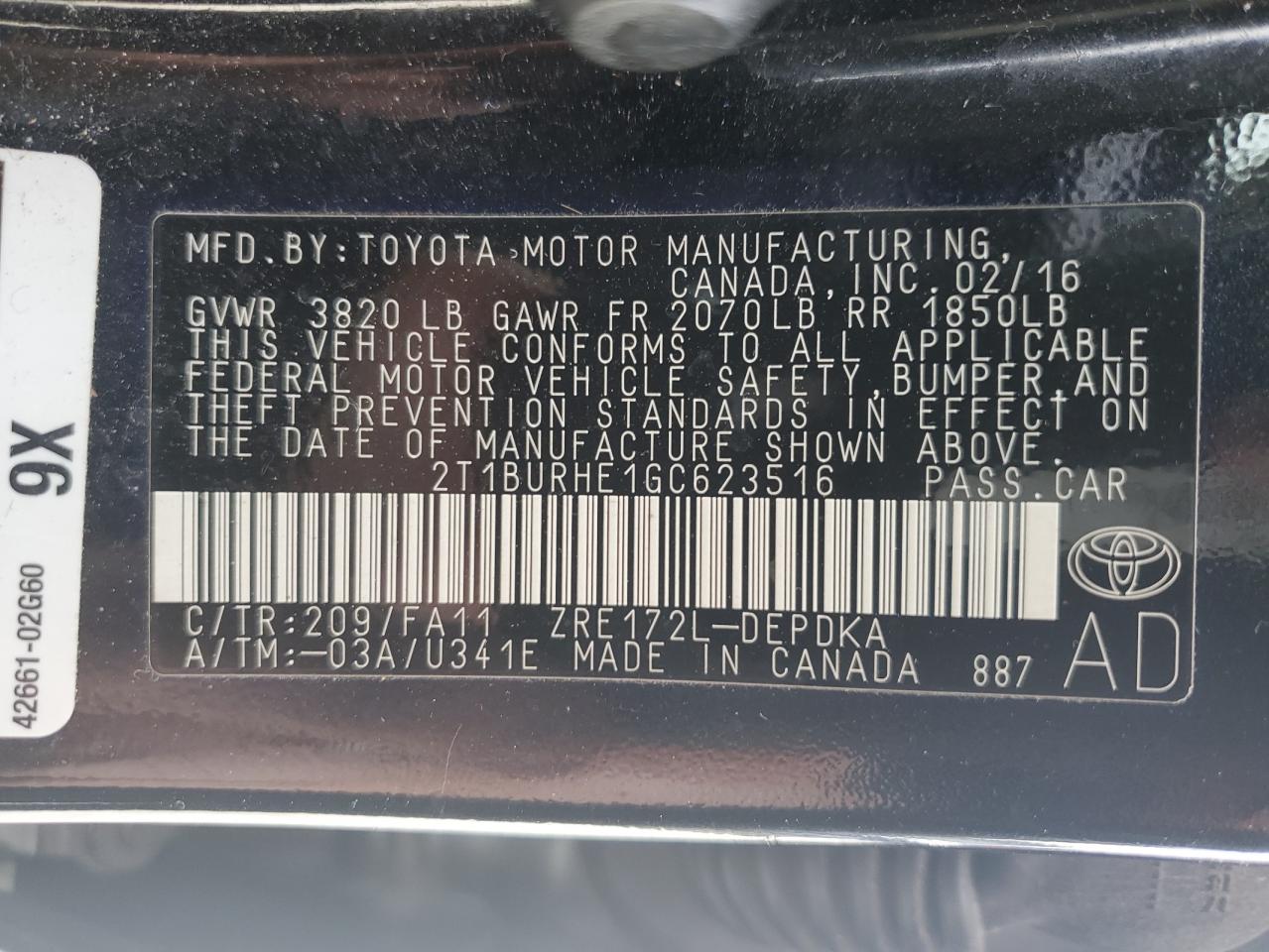 Lot #3037231500 2016 TOYOTA COROLLA L