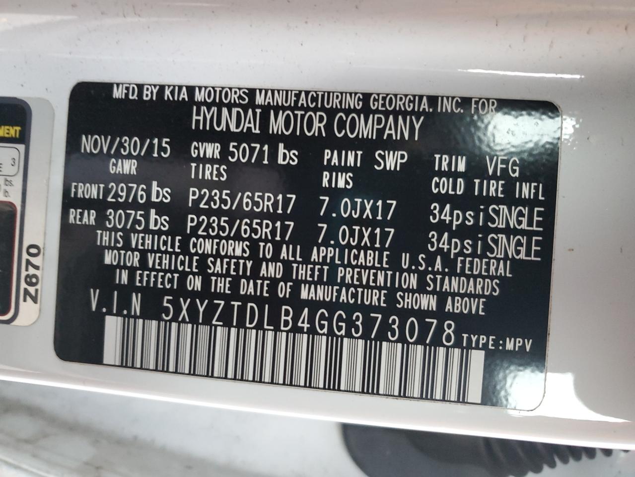 Lot #3026044042 2016 HYUNDAI SANTA FE S