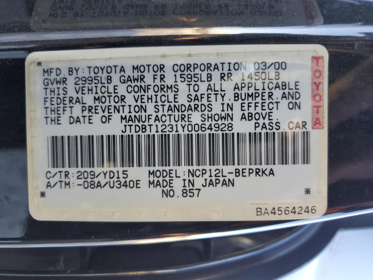 Lot #3038063189 2000 TOYOTA ECHO