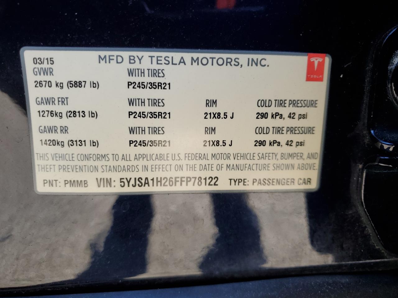 Lot #3034284084 2015 TESLA MODEL S 85