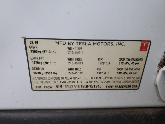 2016 TESLA MODEL S - 5YJSA1E19GF151945