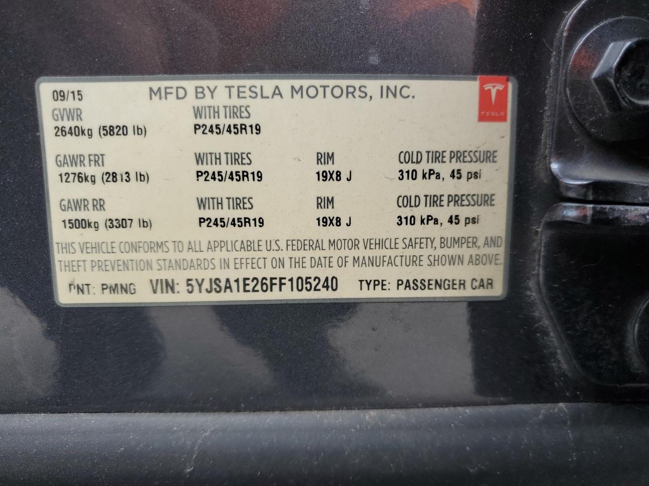 Lot #3045415134 2015 TESLA MODEL S