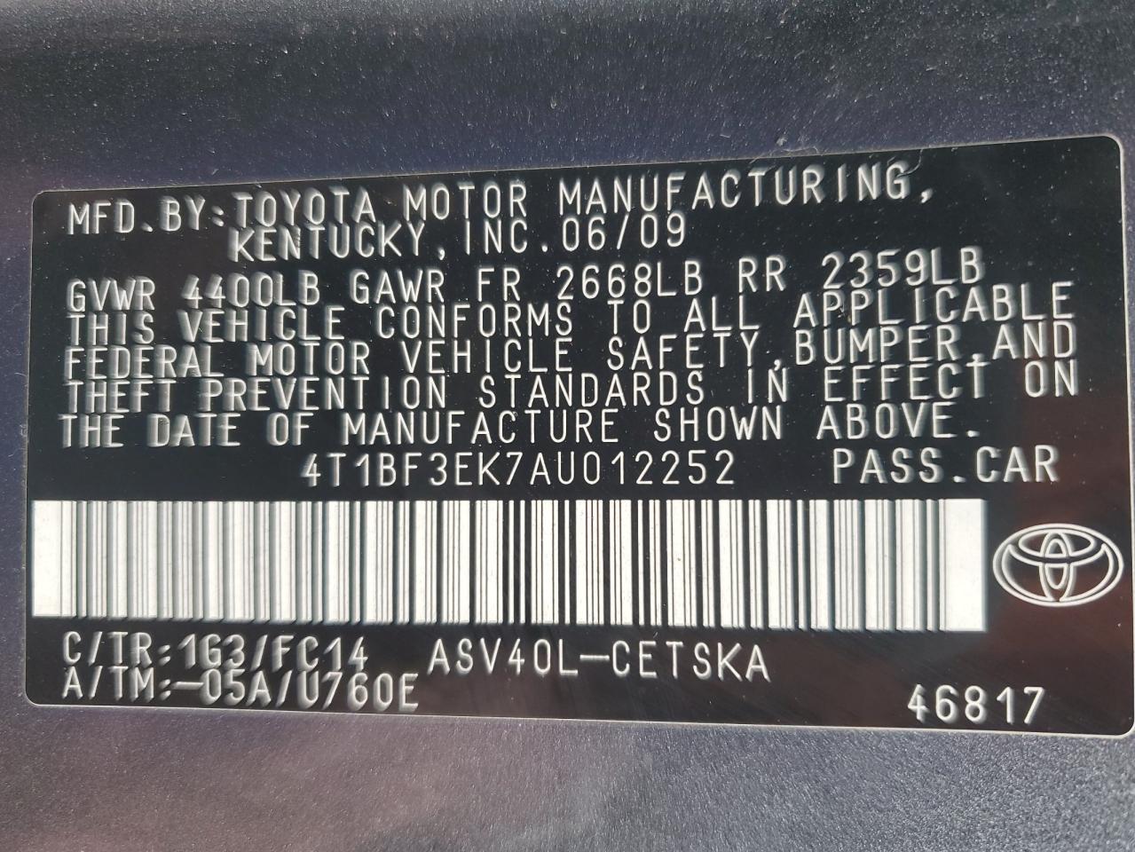 Lot #3040915423 2010 TOYOTA CAMRY BASE