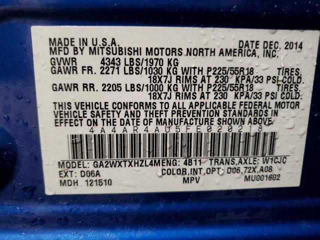 VIN 4A4AR4AU5FE020218 2015 MITSUBISHI OUTLANDER no.14