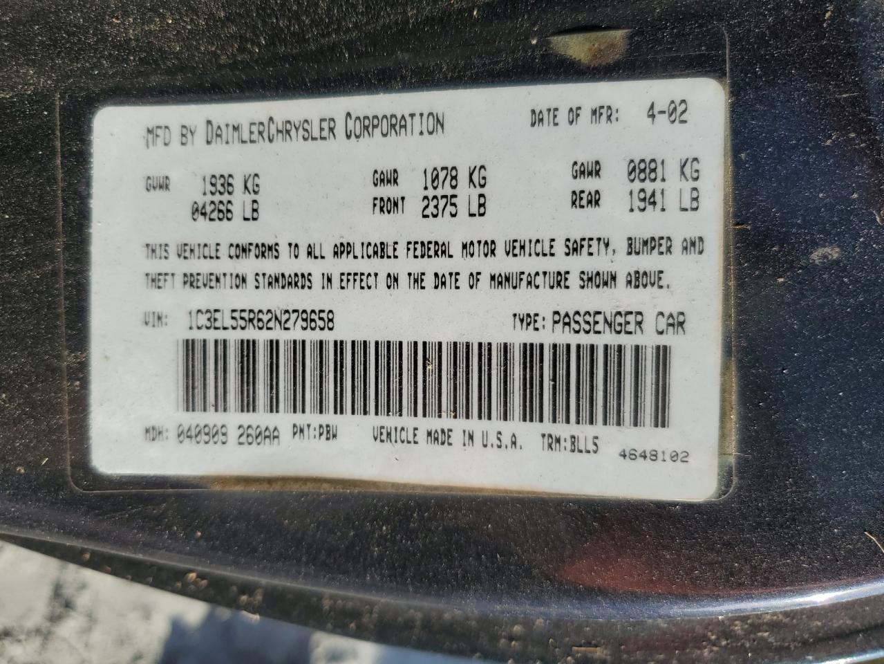 Lot #3027137807 2002 CHRYSLER SEBRING