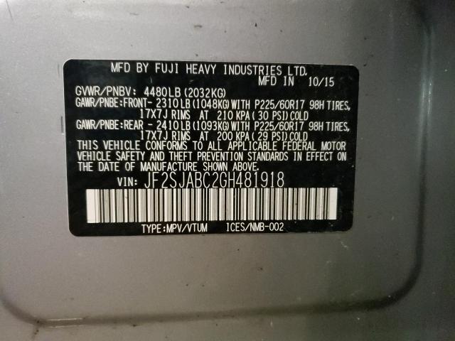 2016 SUBARU FORESTER 2 - JF2SJABC2GH481918