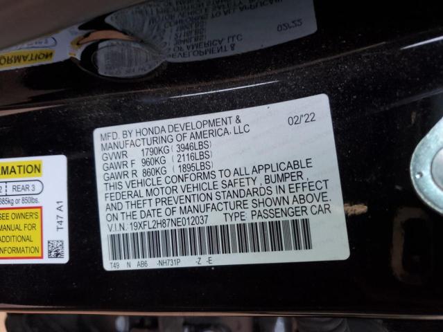 VIN 19XFL2H87NE012037 2022 HONDA CIVIC no.12