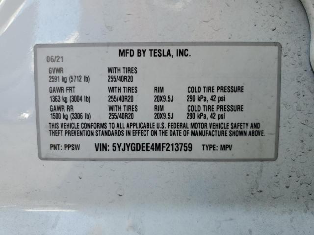 VIN 5YJYGDEE4MF213759 2021 TESLA MODEL Y no.12