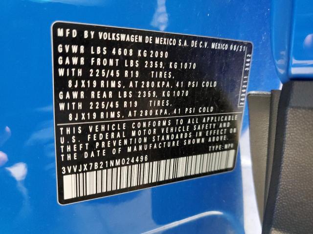 2022 VOLKSWAGEN TAOS SEL 3VVJX7B21NM024496