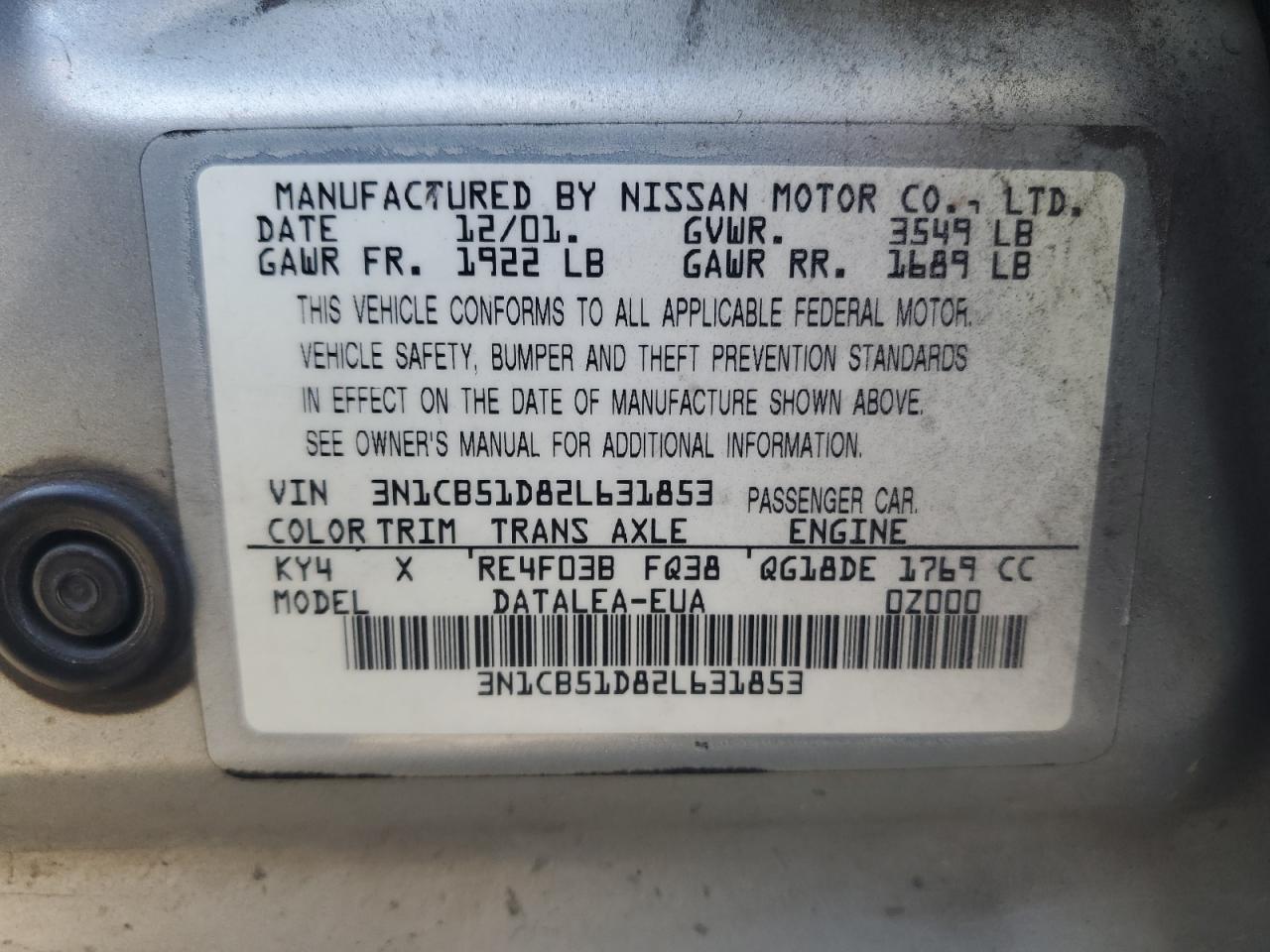 Lot #3033138993 2002 NISSAN SENTRA XE