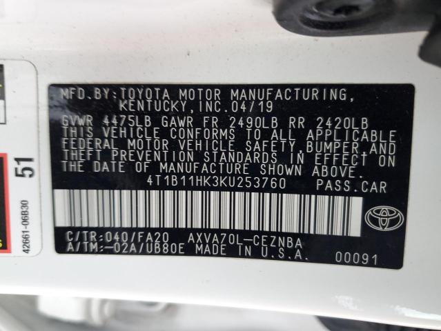 2019 TOYOTA CAMRY L 4T1B11HK3KU253760