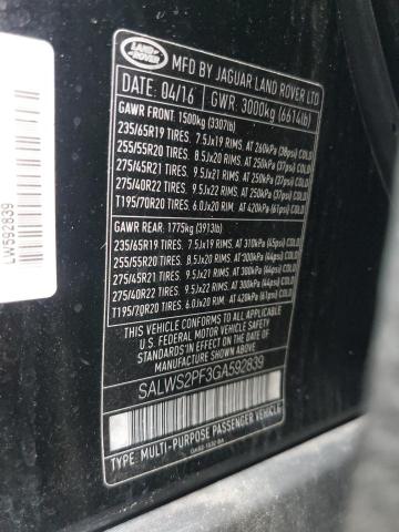 2016 LAND ROVER RANGE ROVE - SALWS2PF3GA592839