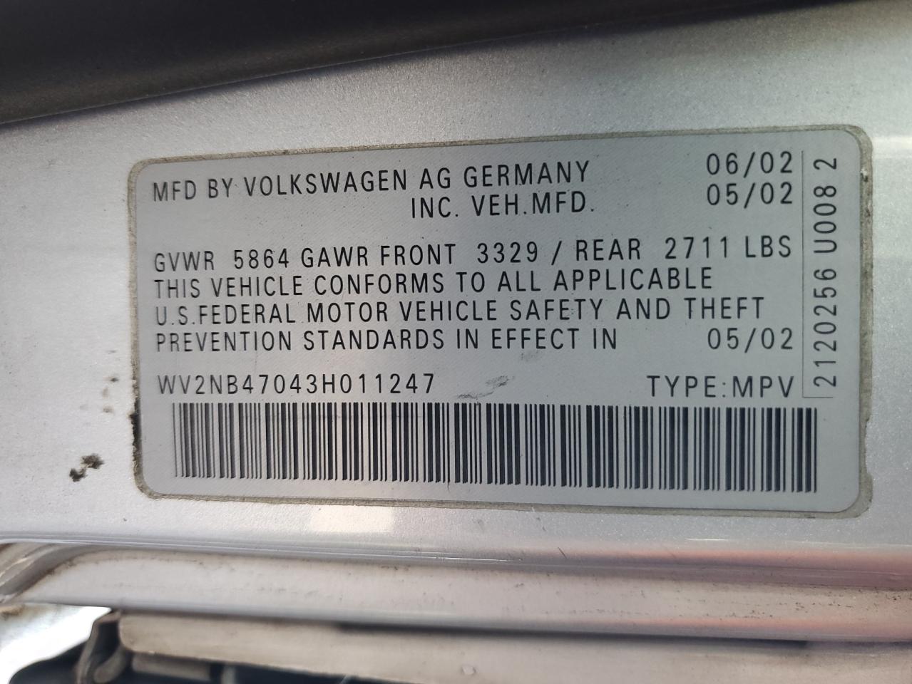 Lot #3034617788 2003 VOLKSWAGEN EUROVAN MV