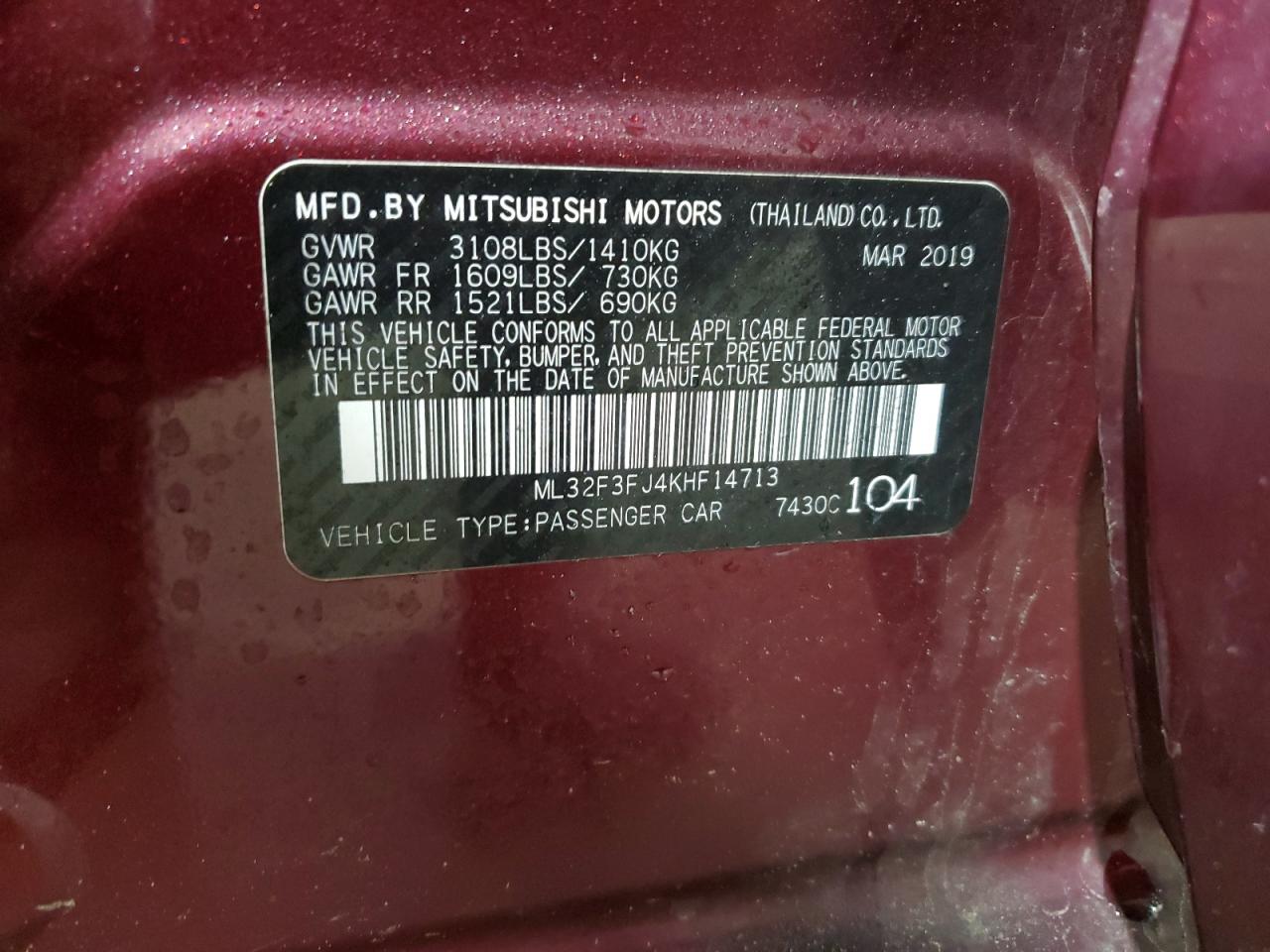 Lot #3049494654 2019 MITSUBISHI MIRAGE G4