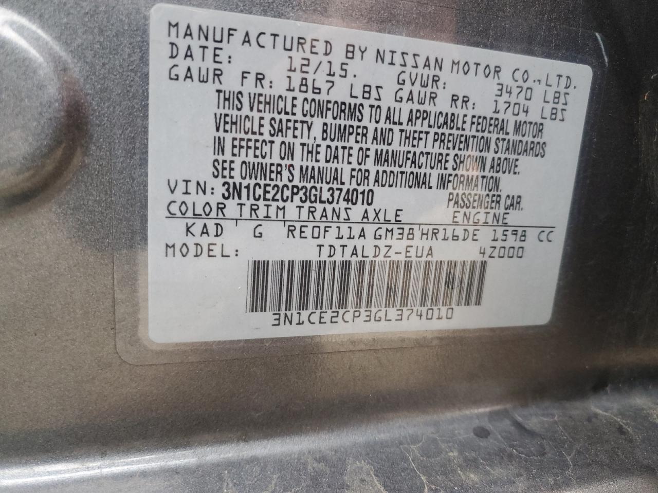 Lot #3033065014 2016 NISSAN VERSA NOTE