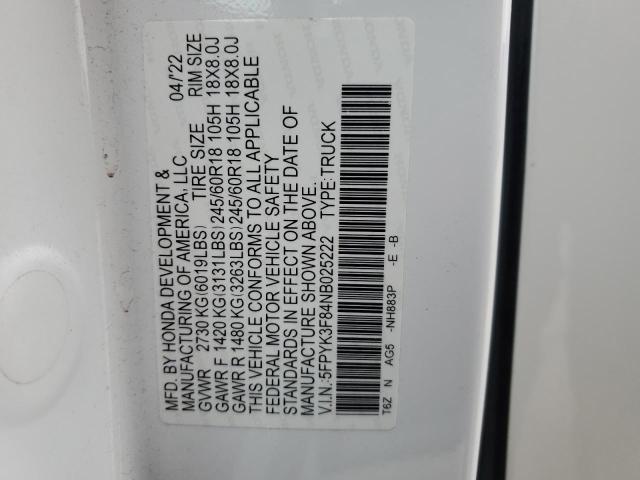 2022 HONDA RIDGELINE - 5FPYK3F84NB025222
