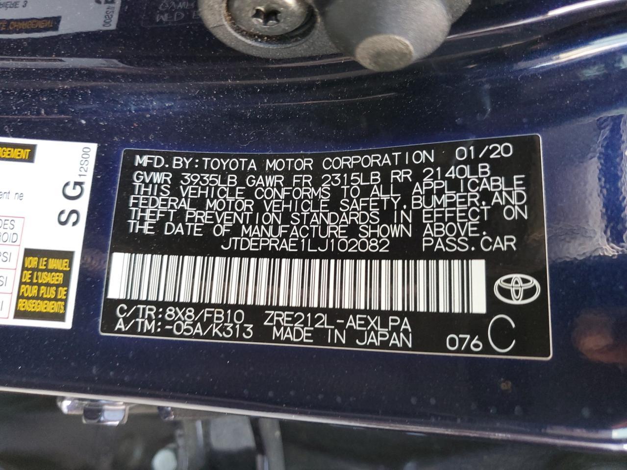 Lot #3037063737 2020 TOYOTA COROLLA LE