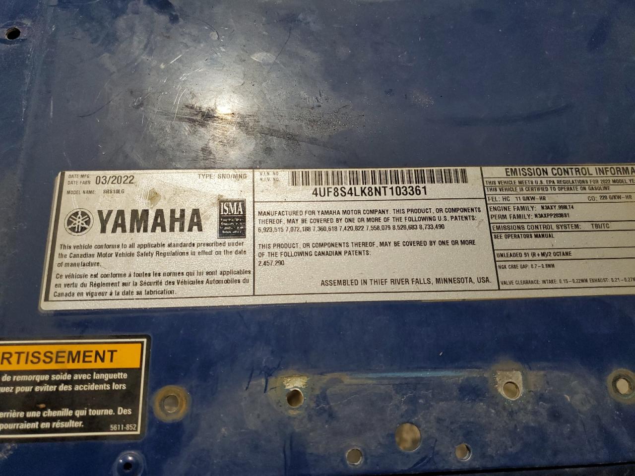 Lot #3041774458 2022 YAMAHA SNOWMOBILE