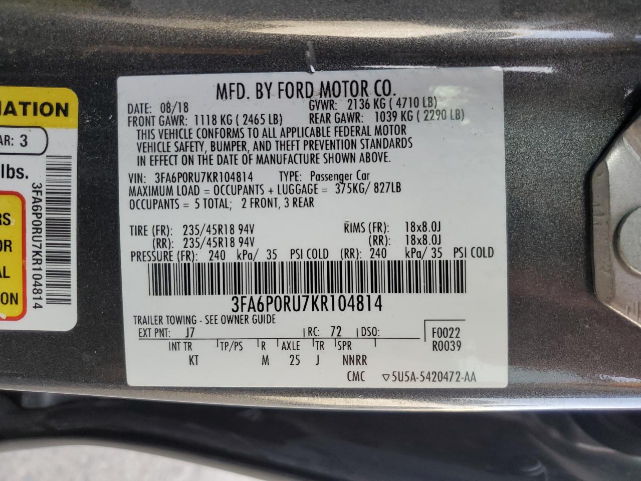 Lot #3034259087 2019 FORD FUSION TIT