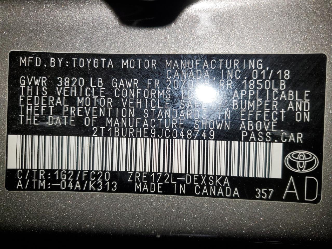 Lot #3034518752 2018 TOYOTA COROLLA L