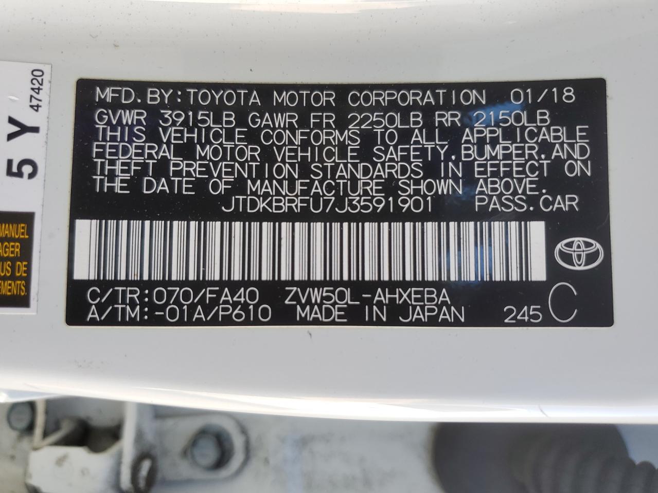 Lot #3033082024 2018 TOYOTA PRIUS